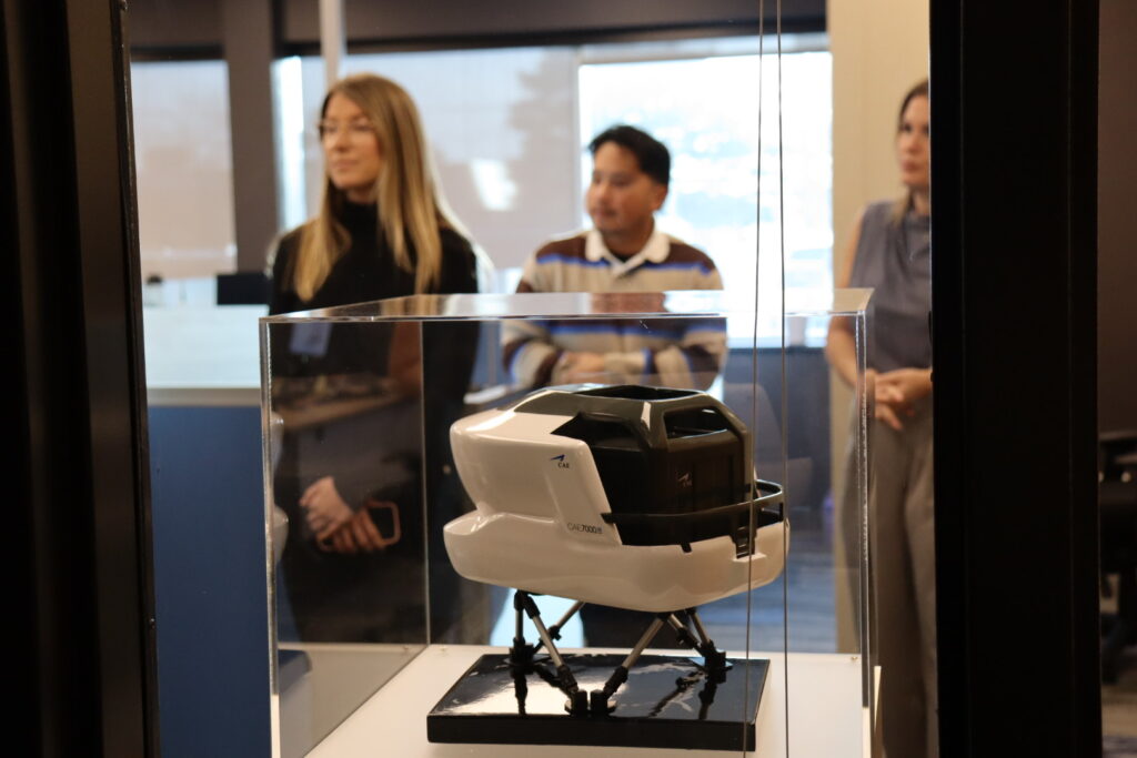 Airline flight simulator device displayed inside a training facility

